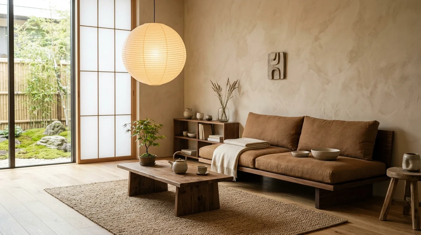 Artwork connecting brown furniture to the broader living room palette.