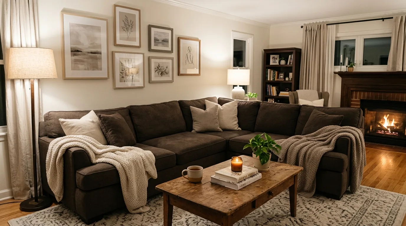 Warm lighting flattering brown furniture in a cozy living room.