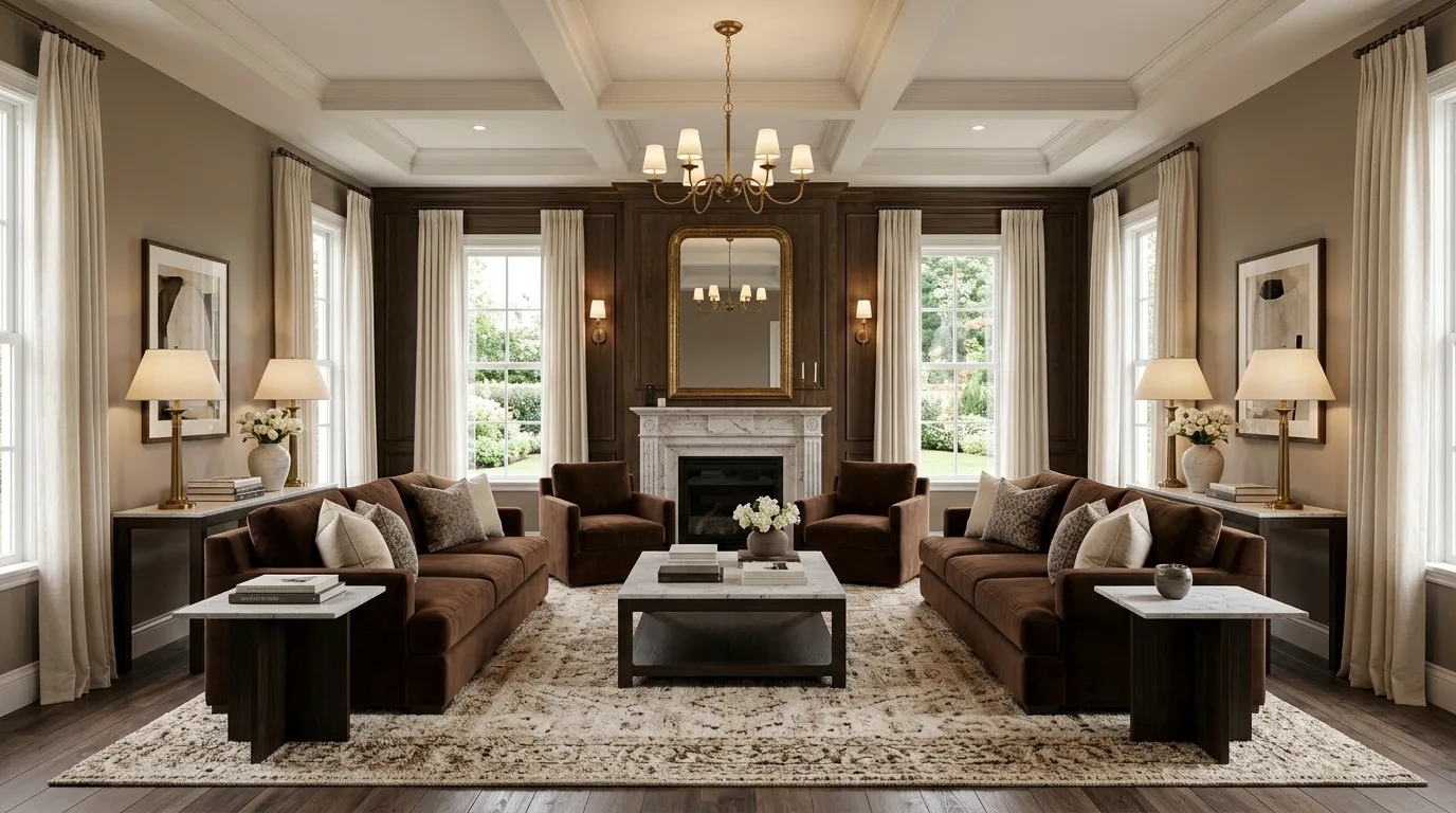 Brown furniture arranged with breathing room in a balanced living room.