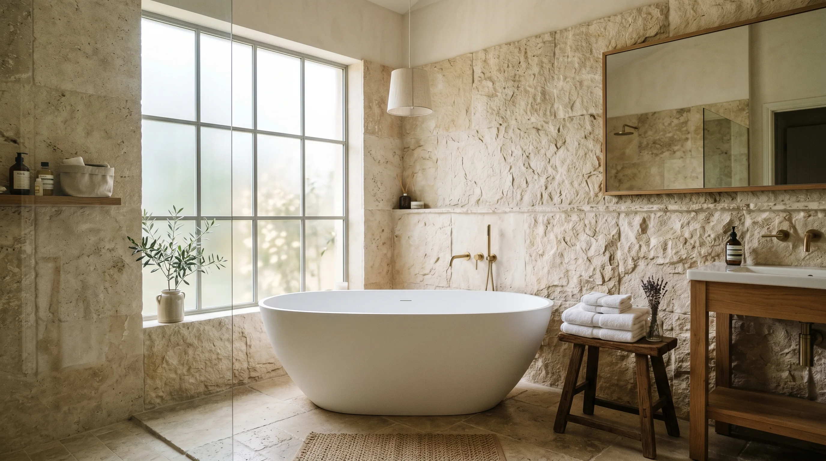 Timeless stone bathroom full of natural texture.