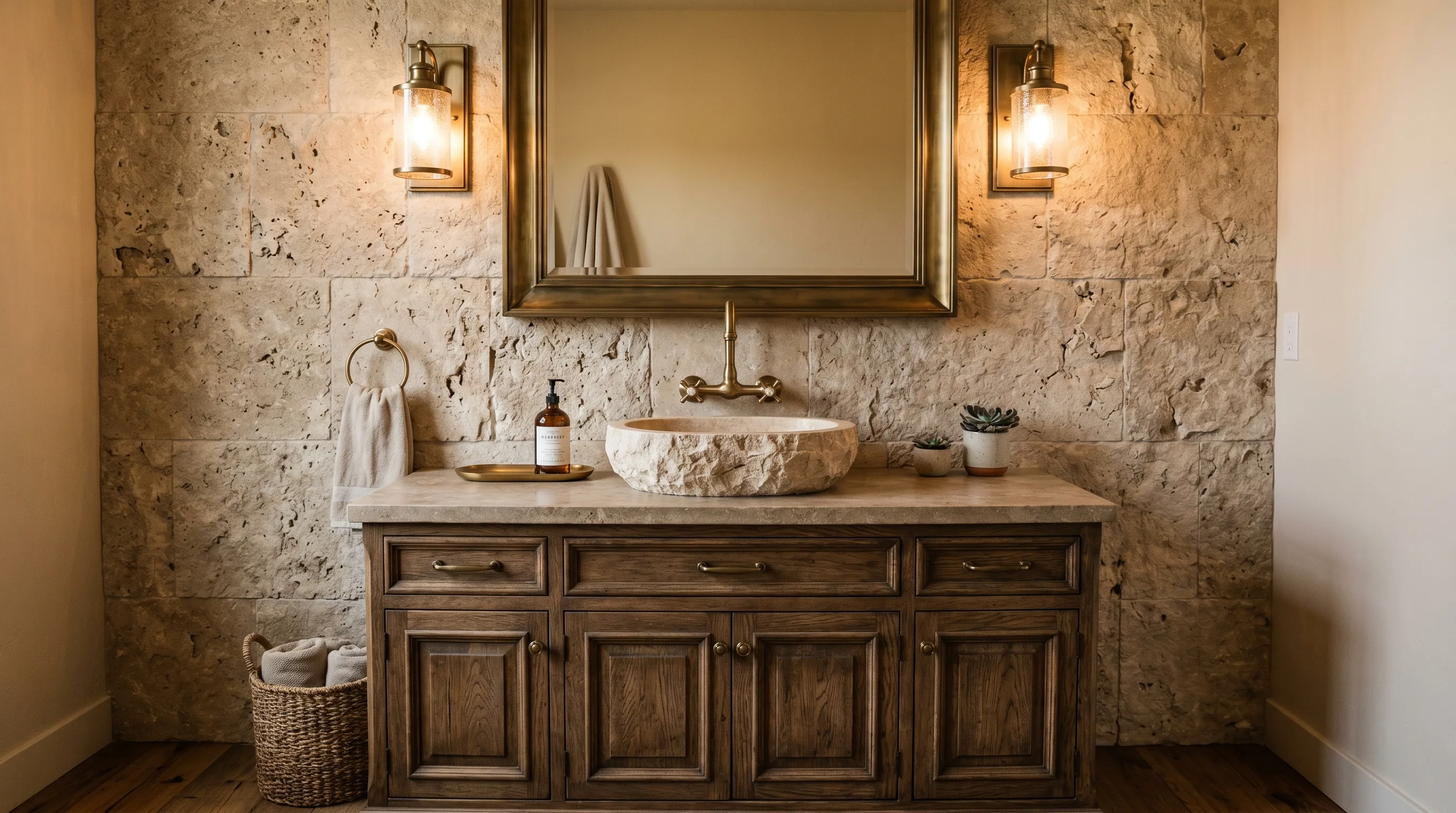 Stone flooring creating an enduring bathroom base.