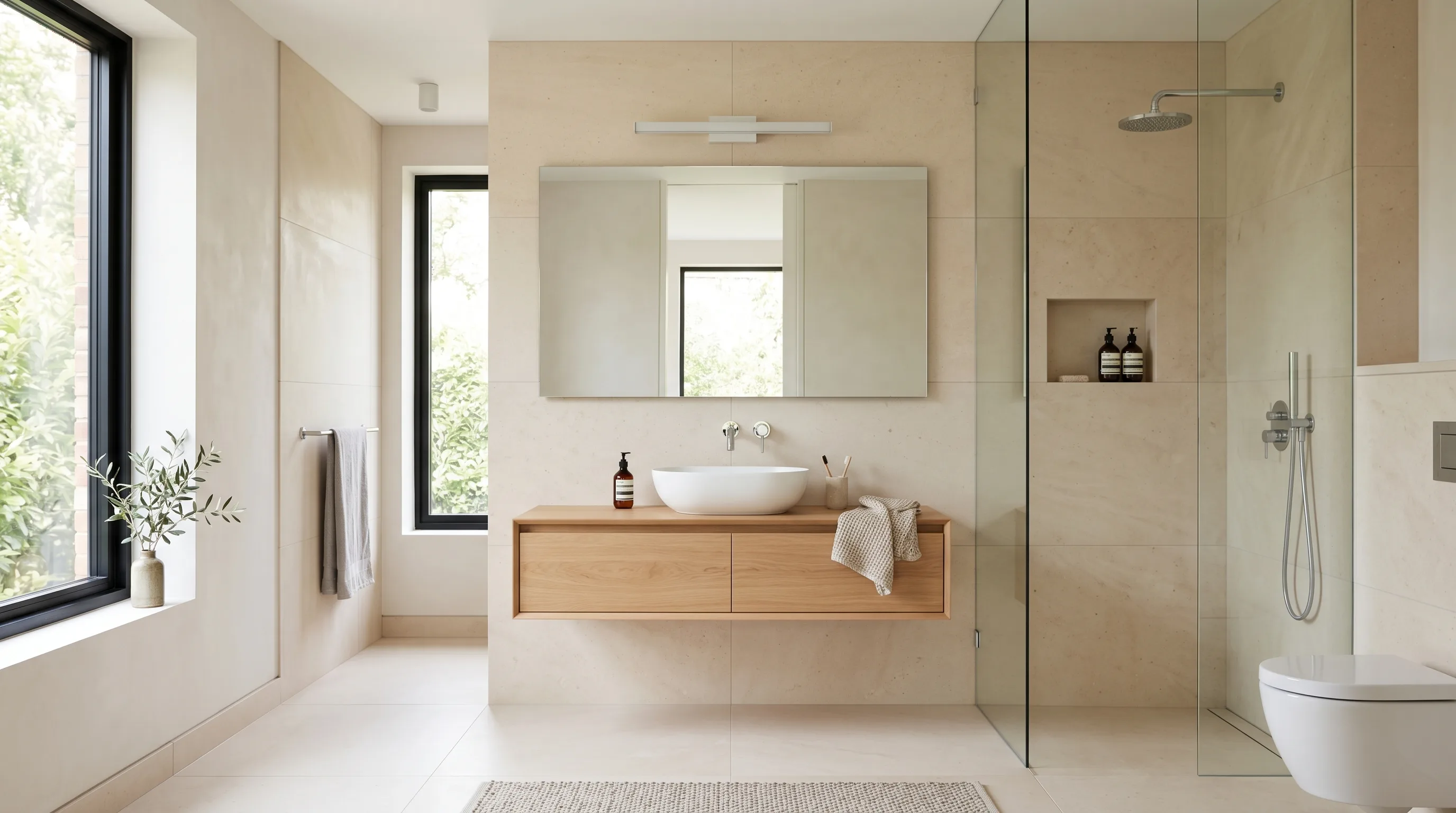 Warm wood mixed with timeless stone bathroom finishes.