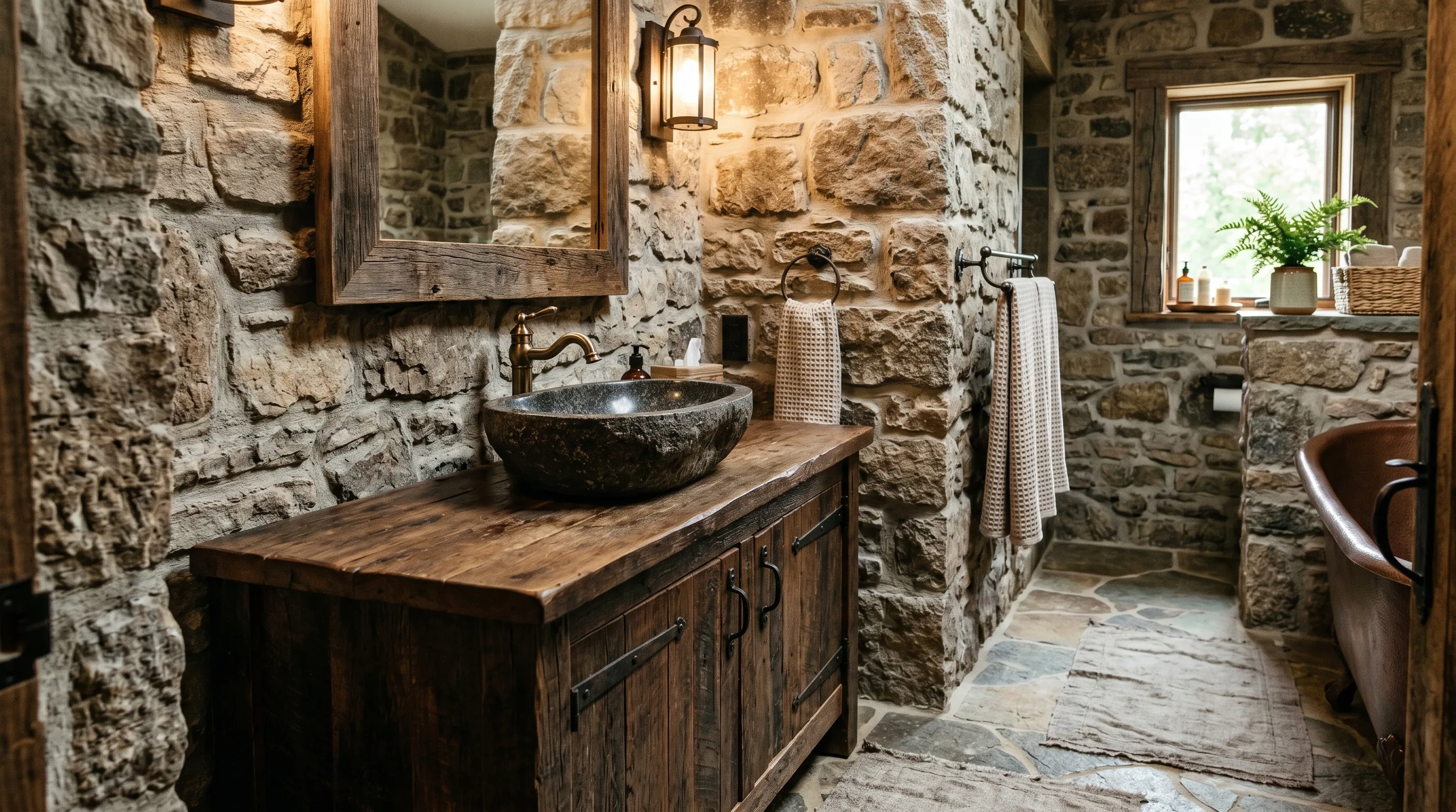 Visible natural texture in a timeless stone bathroom.