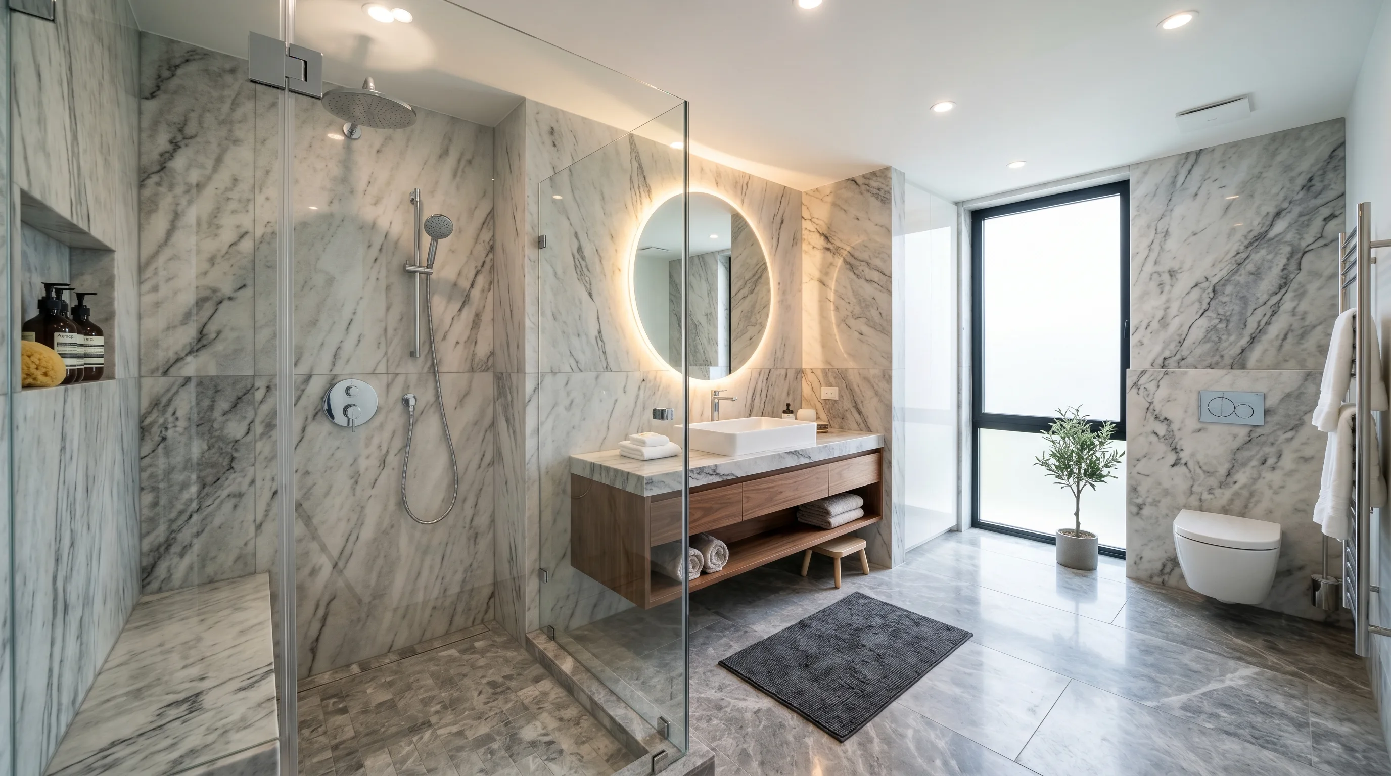 Soft lighting bringing out texture in a stone bathroom.