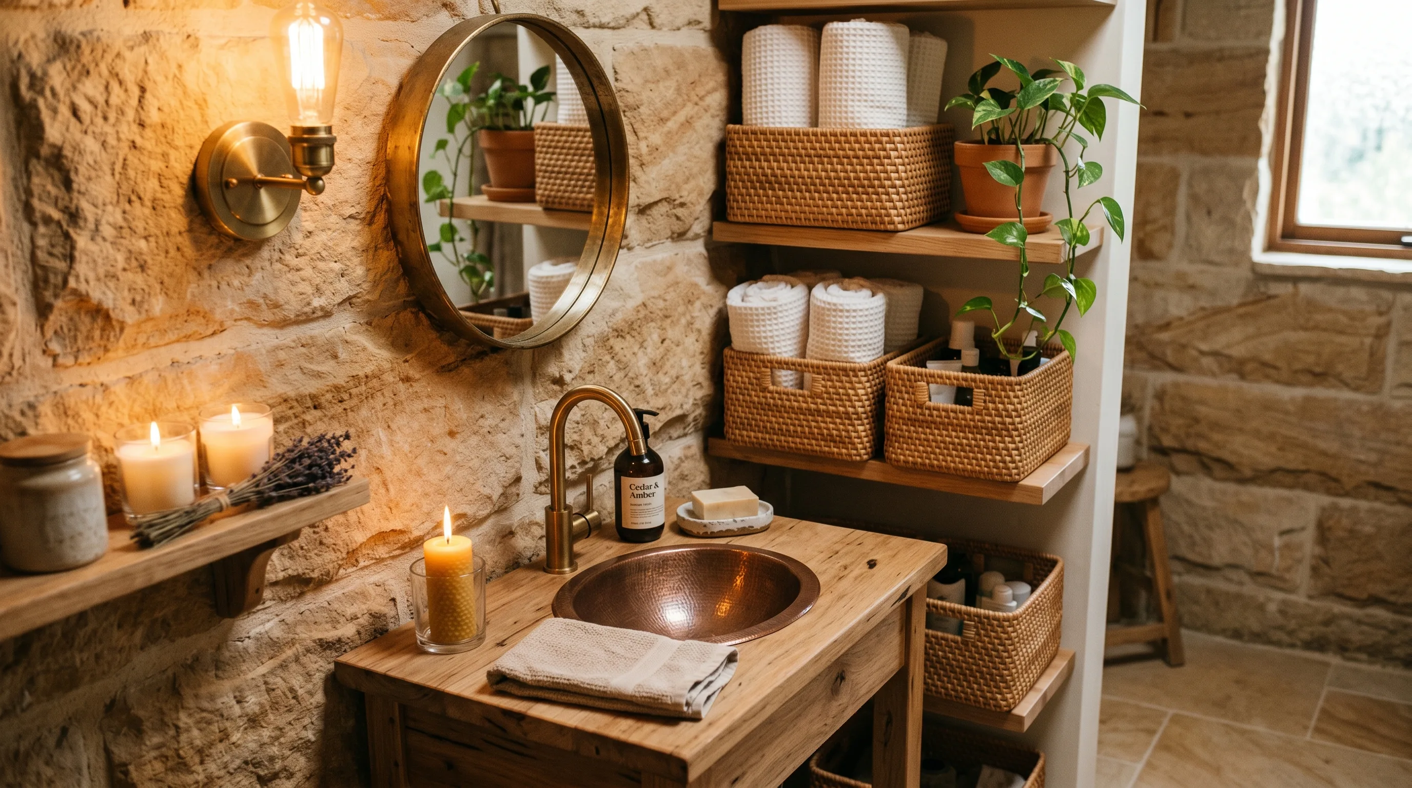 Simple lasting fixtures in a timeless stone bathroom.