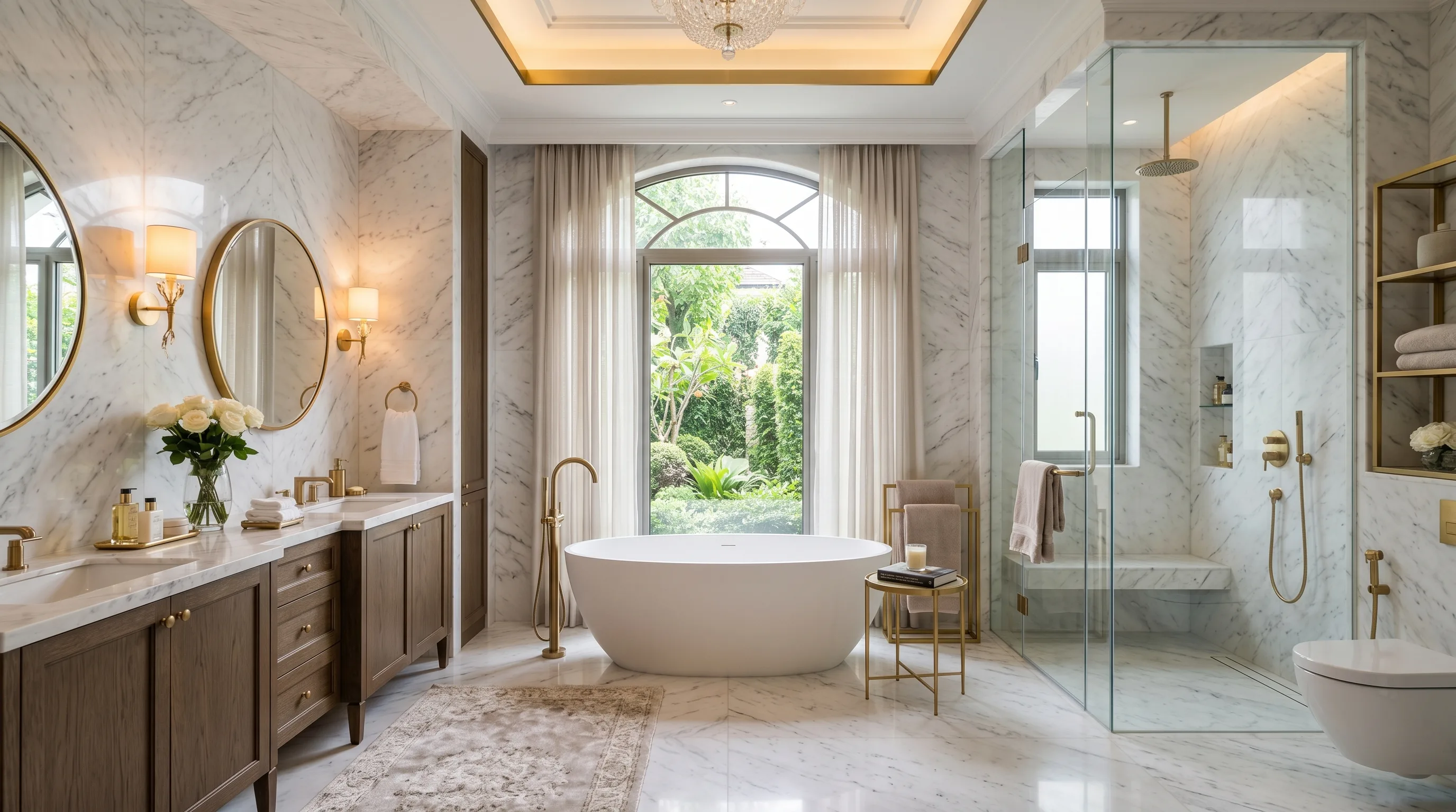 Stone used across multiple zones in a timeless bathroom.