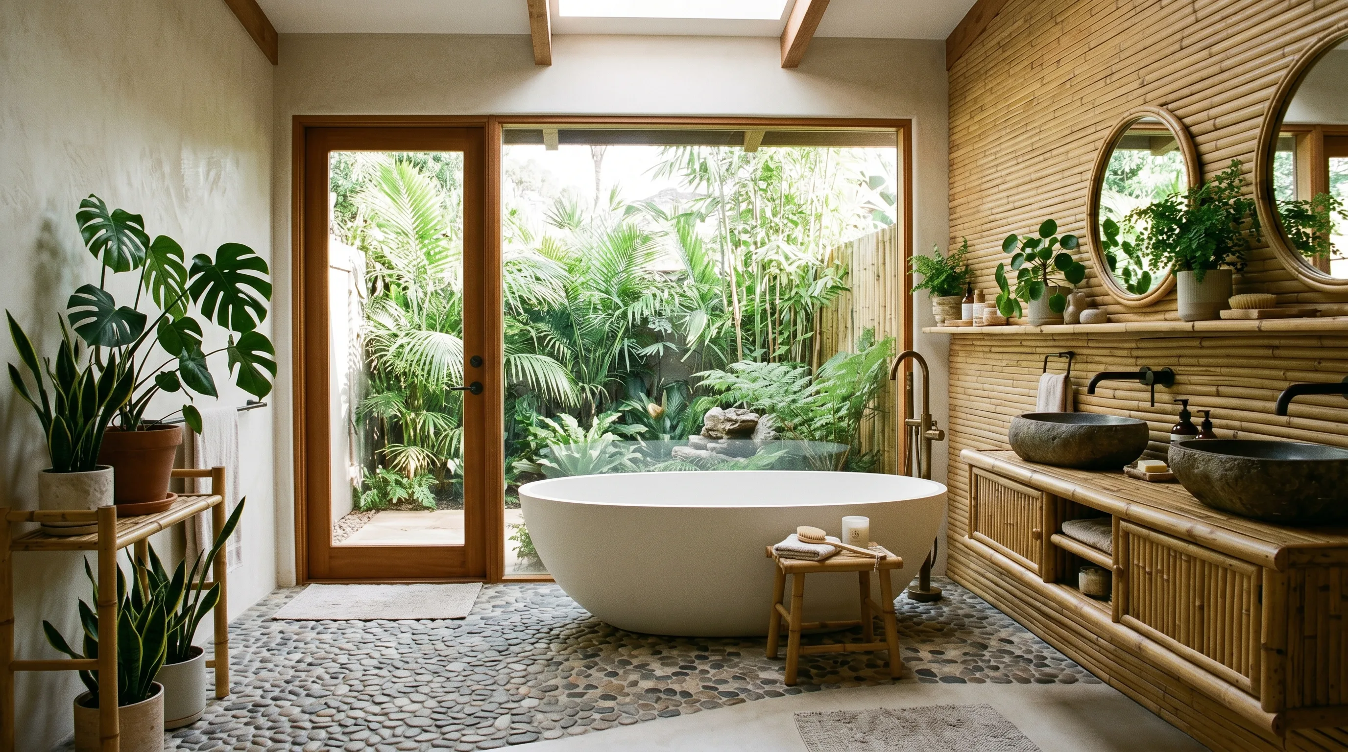 Textiles and light balancing a stone bathroom.