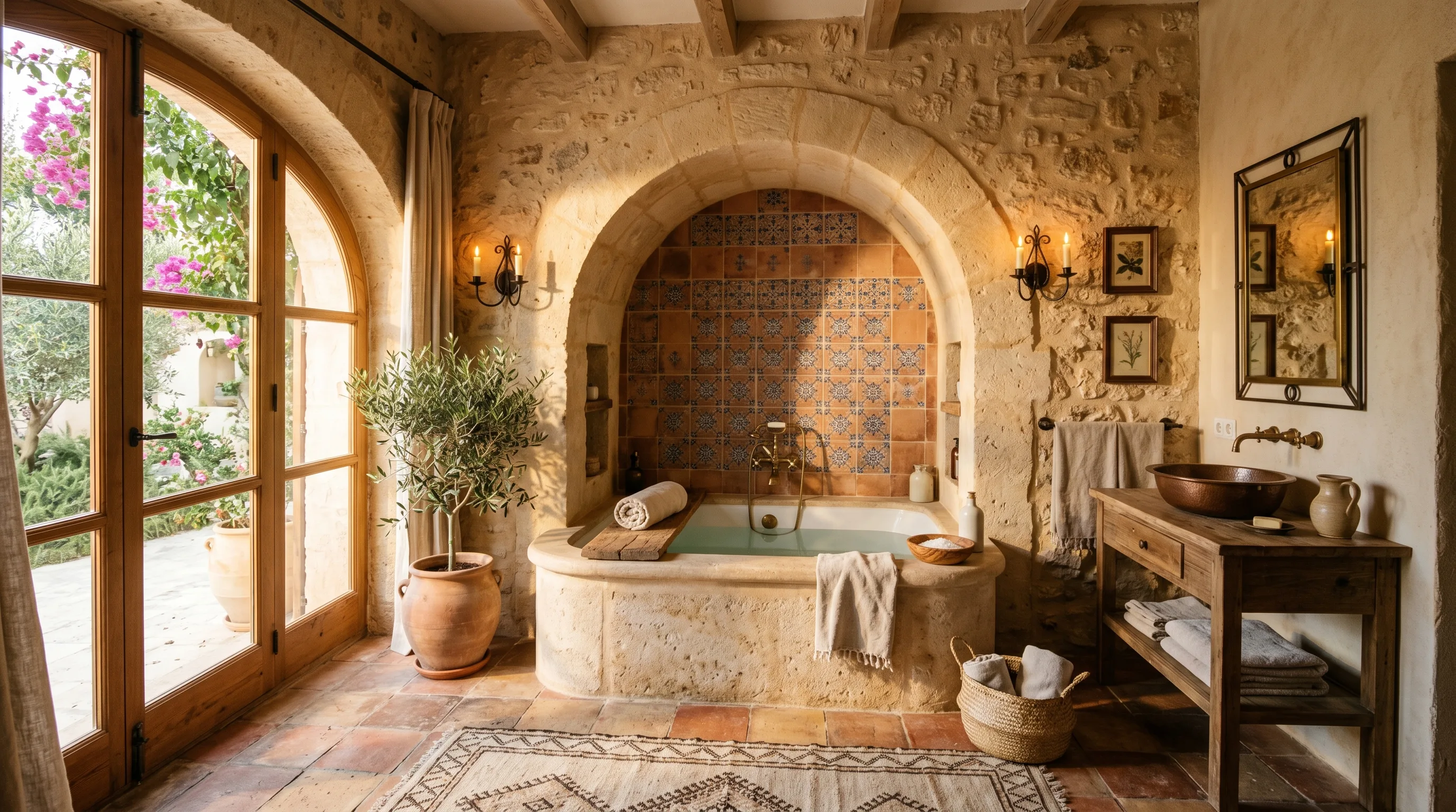 Stone bathroom designed to age beautifully over time.