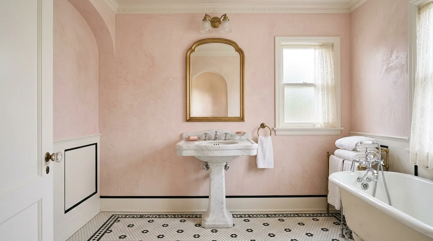 keep fixtures and lines thoughtful in a bathroom inspired by timeless vintage pink old.