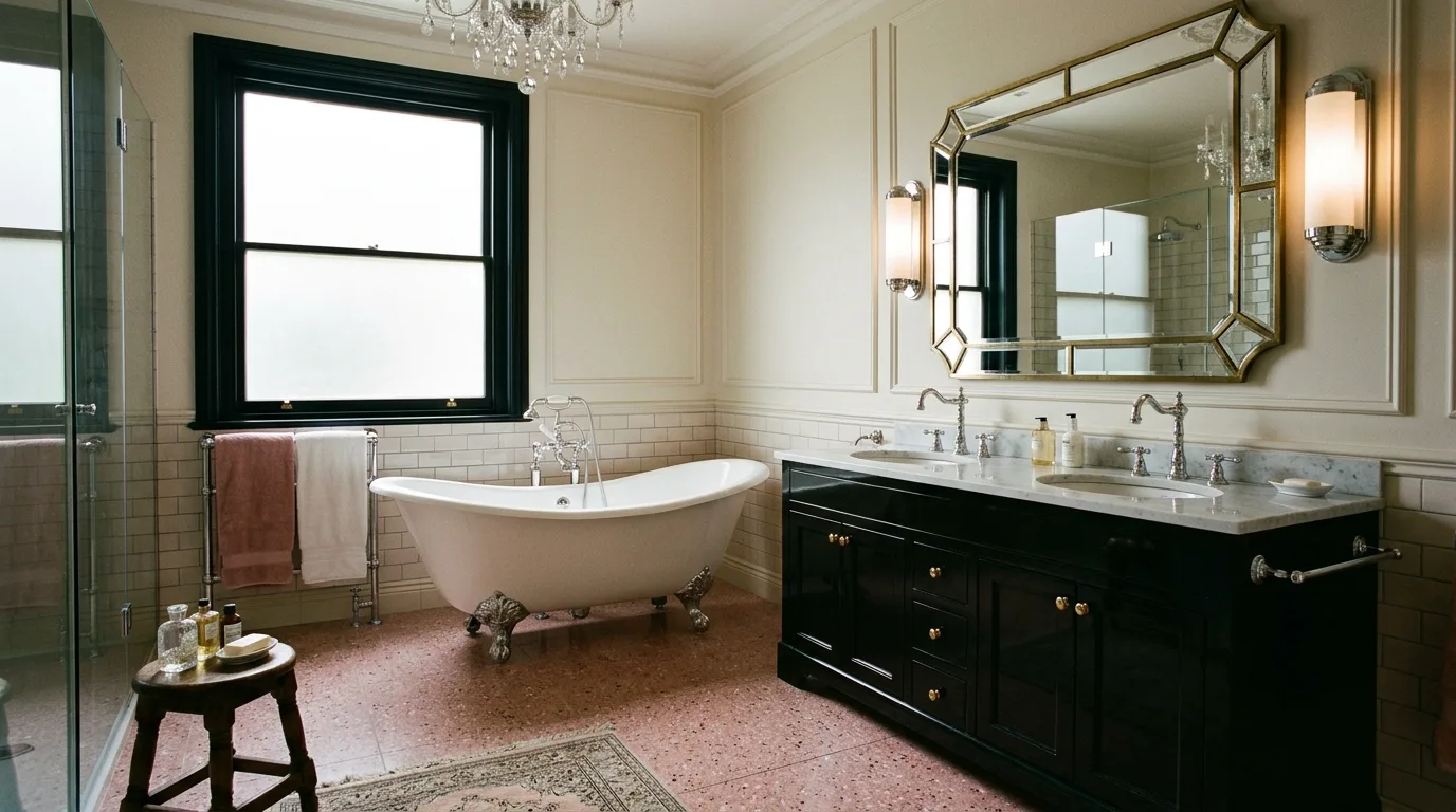 balance boldness with breathing room in a bathroom inspired by timeless vintage pink old.
