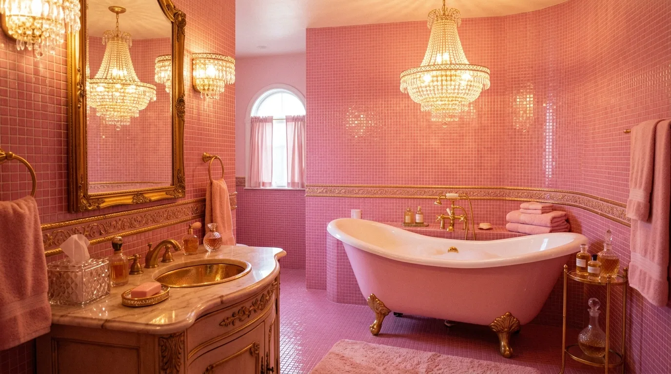 use decor that reinforces the look in a bathroom inspired by timeless vintage pink old.