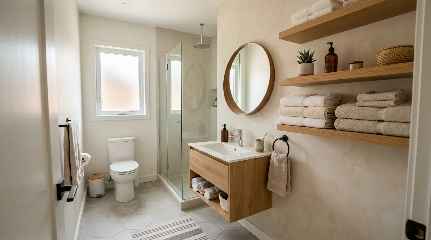 start with the main color or material story in a bathroom inspired by towel storage solutions without.