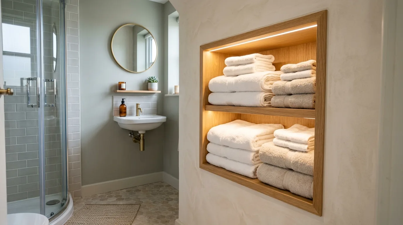 use lighting to bring the space to life in a bathroom inspired by towel storage solutions without.