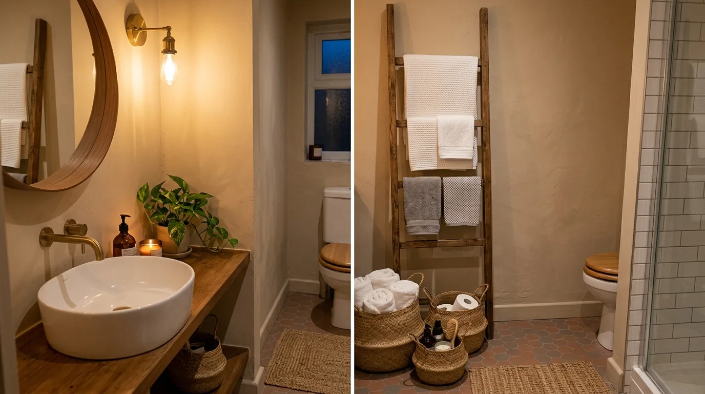 add texture for more depth in a bathroom inspired by towel storage solutions without.