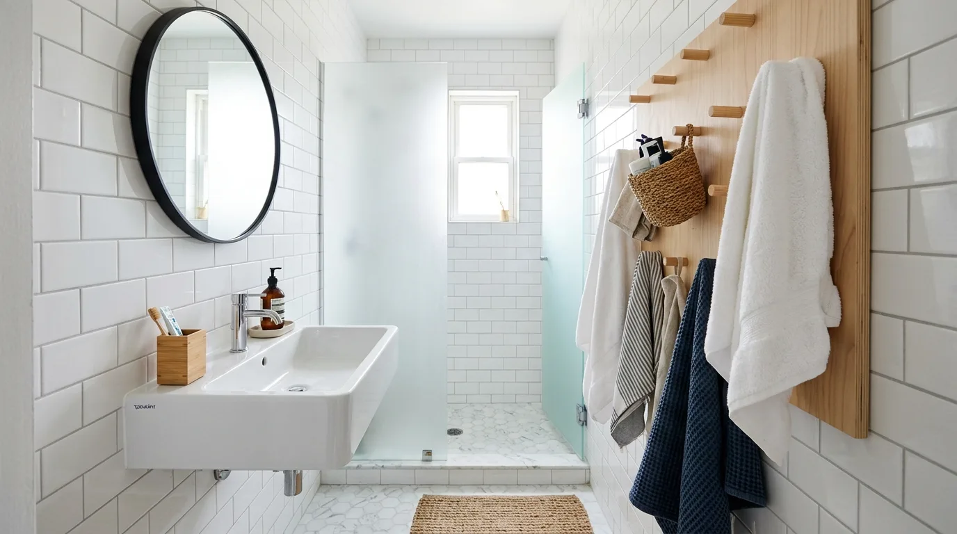 keep fixtures and lines thoughtful in a bathroom inspired by towel storage solutions without.
