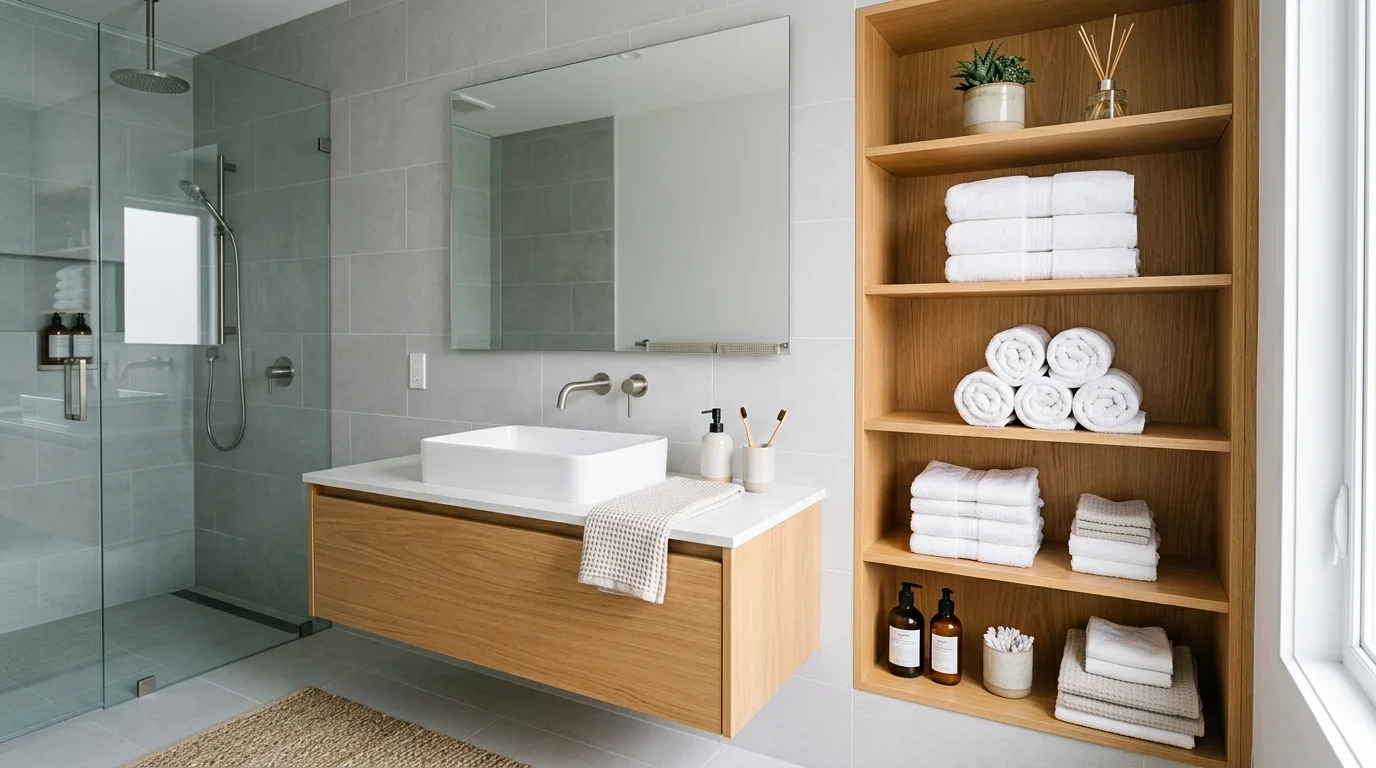balance boldness with breathing room in a bathroom inspired by towel storage solutions without.