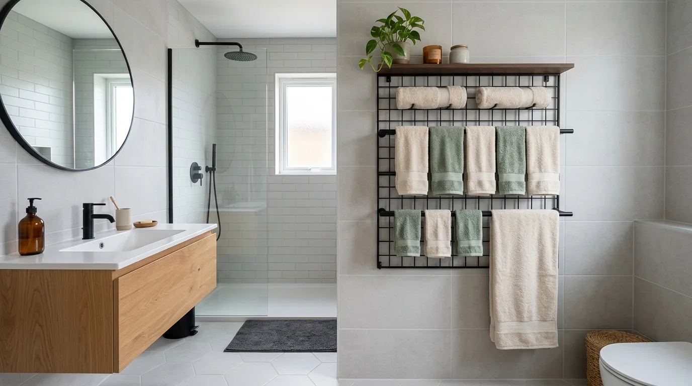 use decor that reinforces the look in a bathroom inspired by towel storage solutions without.