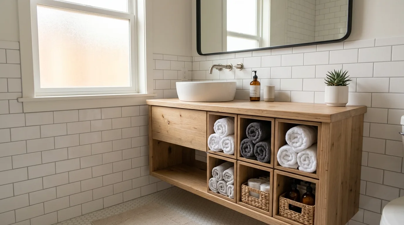 let the room feel personal and restful in a bathroom inspired by towel storage solutions without.