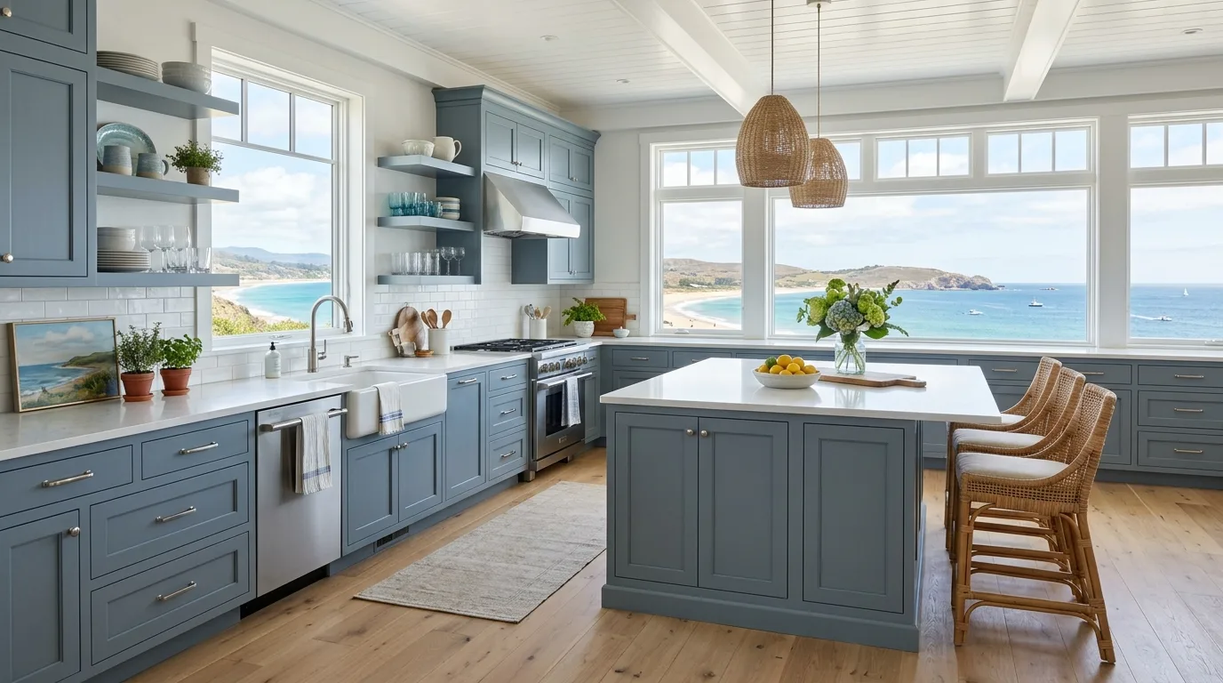 Tranquil Blue Gray Kitchen Cabinets Ideas for Coastal Calm in a thoughtfully styled kitchen.