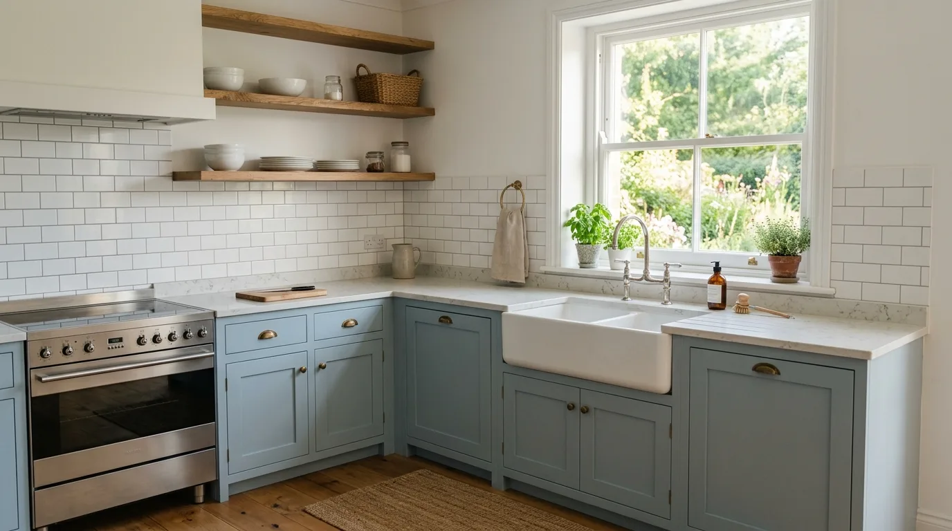 pair the main finish with supportive materials in a kitchen inspired by tranquil blue gray coastal.