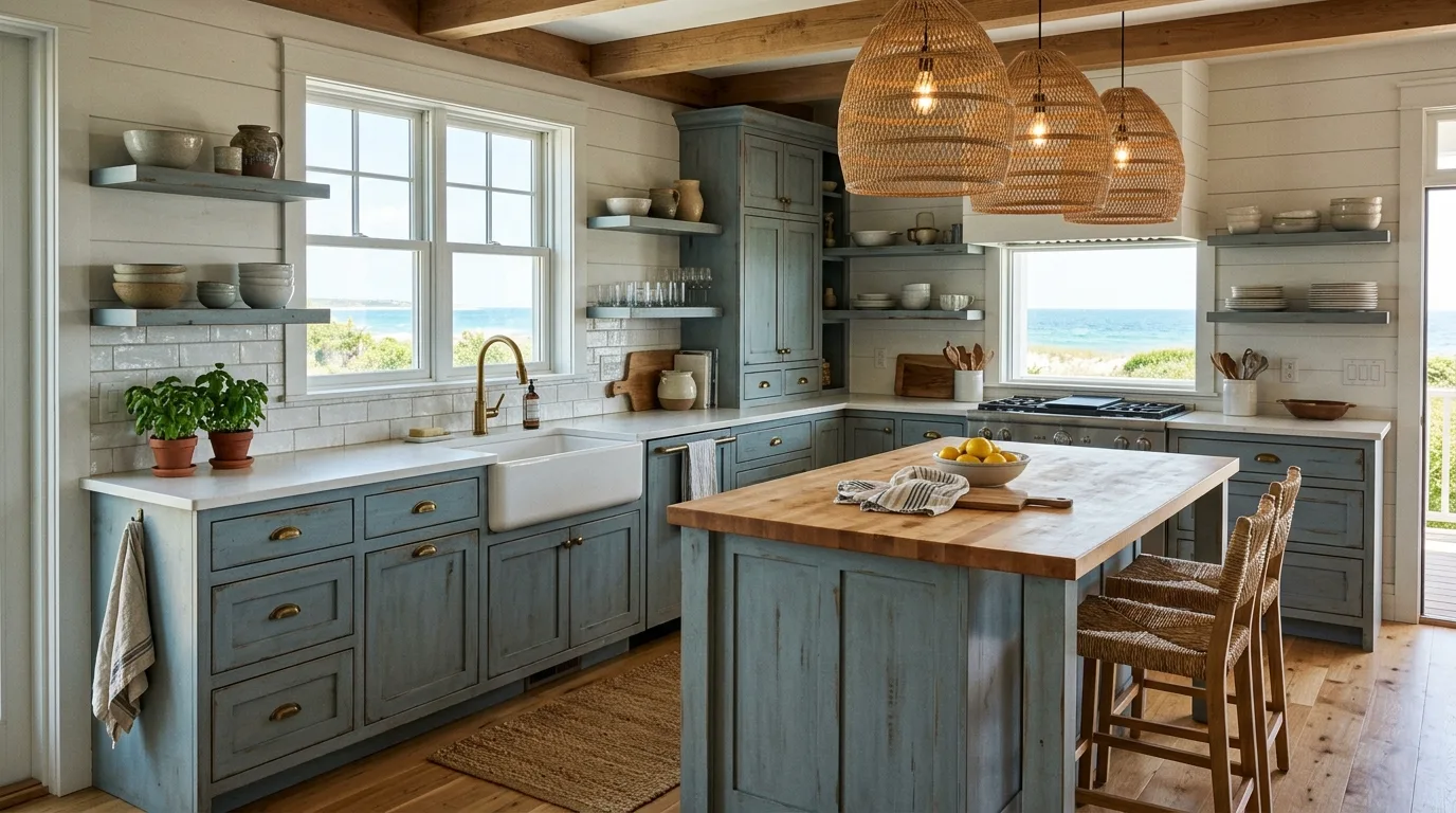 use lighting to shape the overall mood in a kitchen inspired by tranquil blue gray coastal.