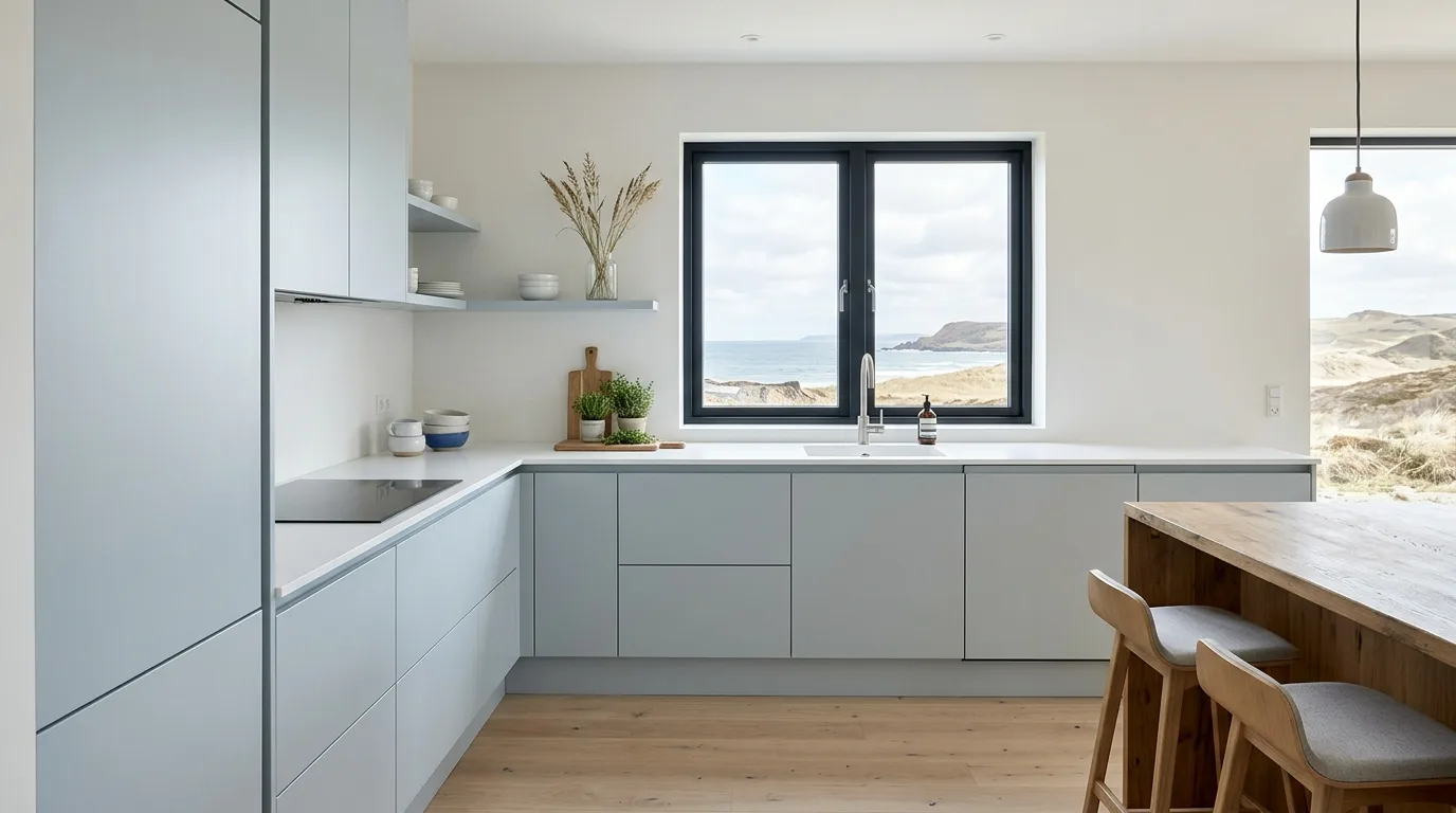 let texture add more depth in a kitchen inspired by tranquil blue gray coastal.