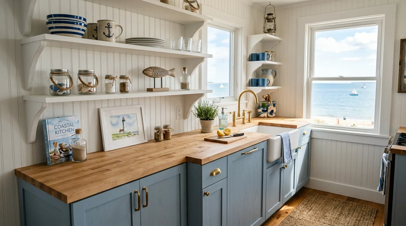 balance the palette with breathable contrast in a kitchen inspired by tranquil blue gray coastal.