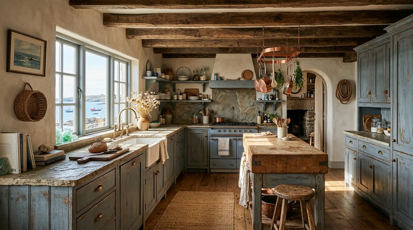 make storage feel natural and useful in a kitchen inspired by tranquil blue gray coastal.
