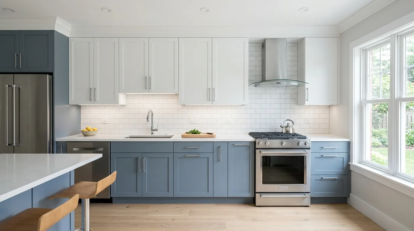 let the kitchen feel personal but edited in a kitchen inspired by tranquil blue gray coastal.