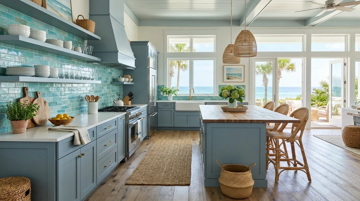 create a kitchen that feels complete in a kitchen inspired by tranquil blue gray coastal.