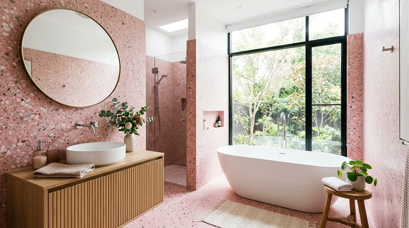 Trendy Pink Terrazzo Bathroom Ideas for a Speckled Statement in a thoughtfully styled bathroom.