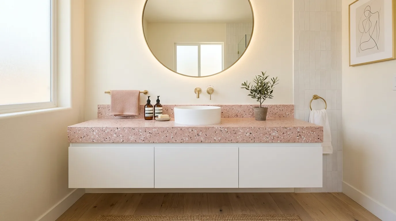 start with the main color or material story in a bathroom inspired by trendy pink terrazzo speckled.