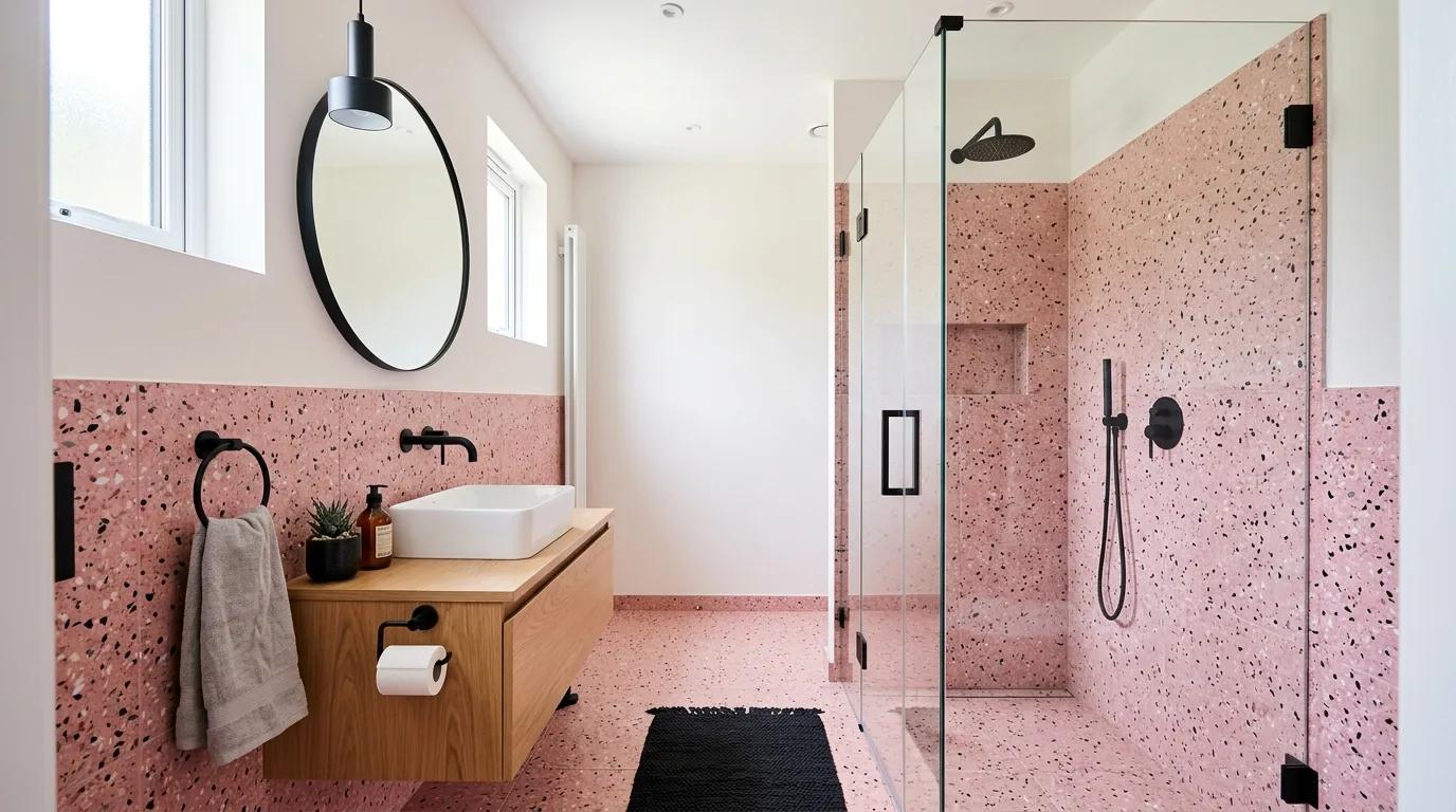 pair it with finishes that support the mood in a bathroom inspired by trendy pink terrazzo speckled.