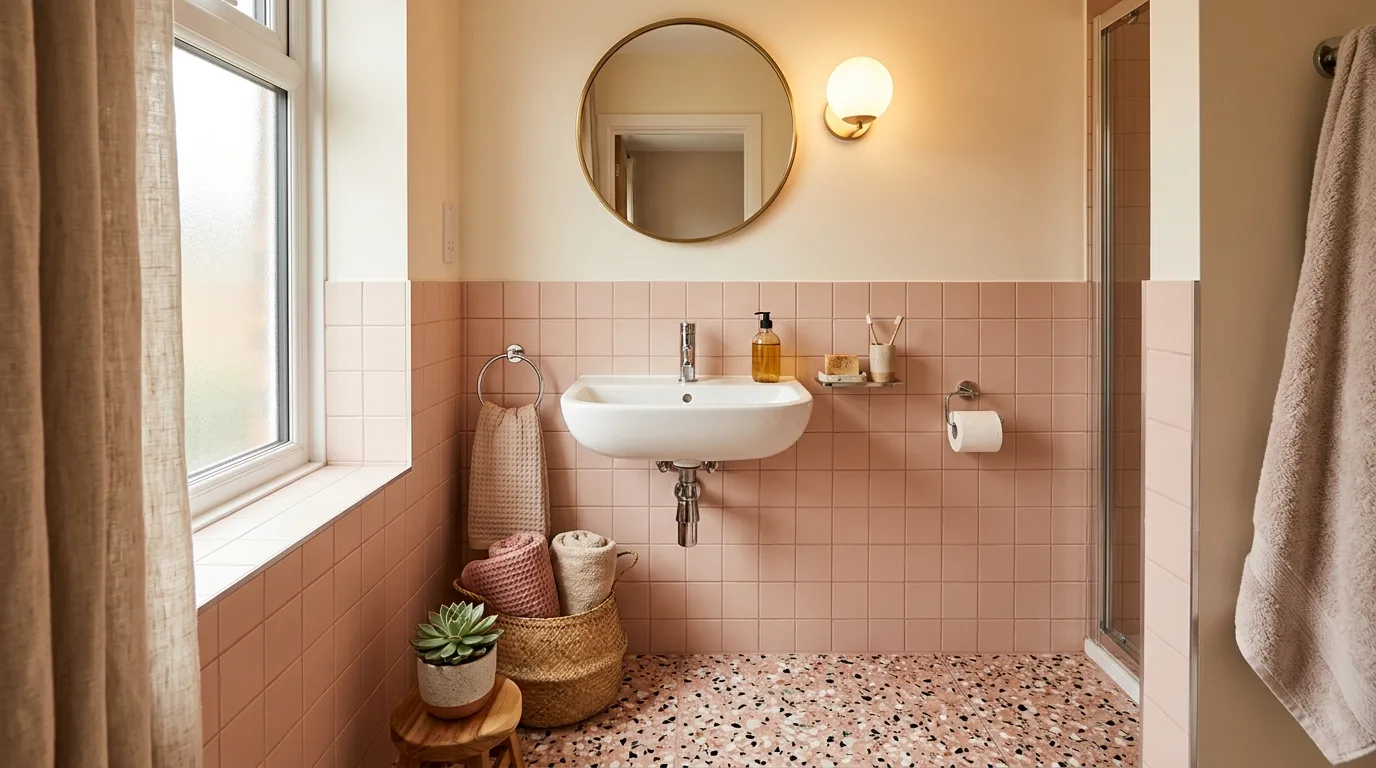 use lighting to bring the space to life in a bathroom inspired by trendy pink terrazzo speckled.