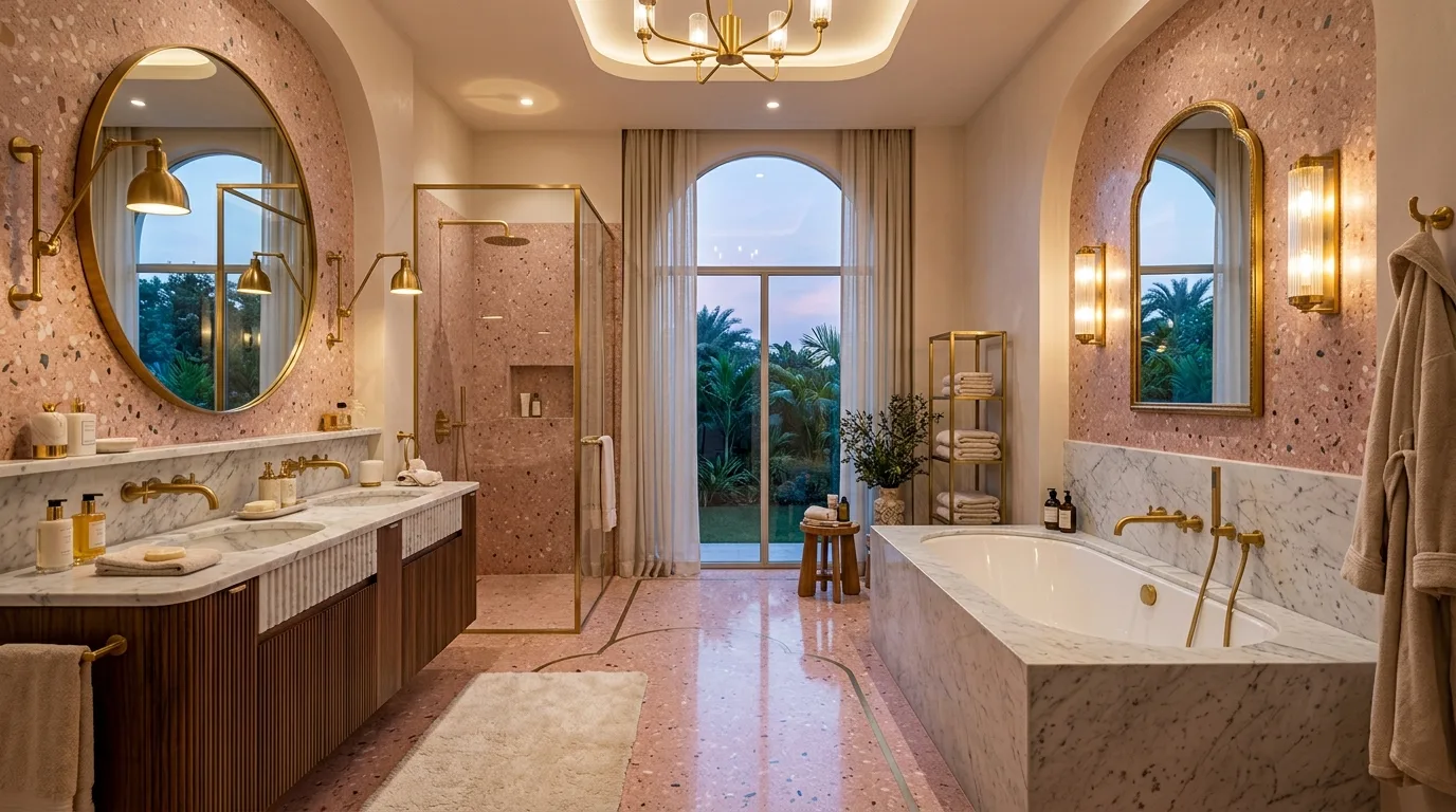 add texture for more depth in a bathroom inspired by trendy pink terrazzo speckled.