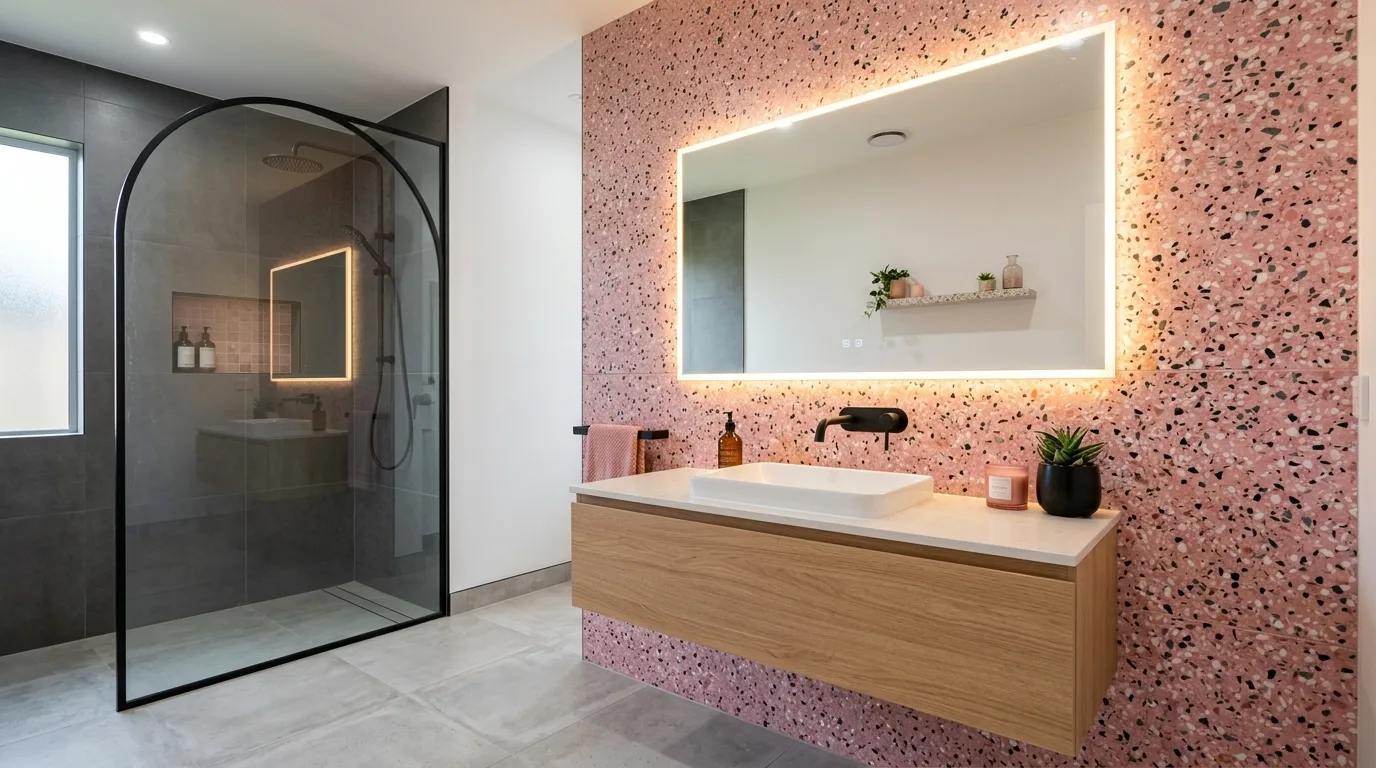 keep fixtures and lines thoughtful in a bathroom inspired by trendy pink terrazzo speckled.