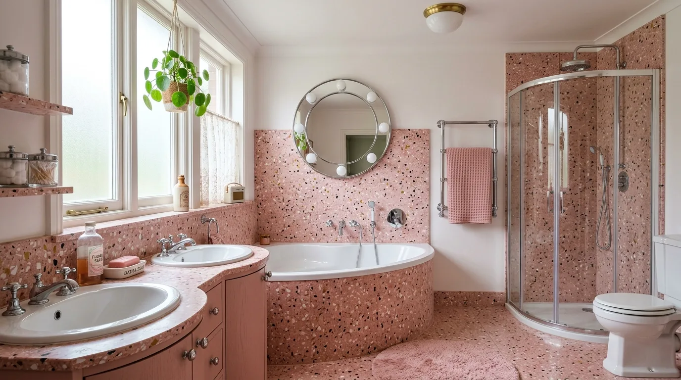 balance boldness with breathing room in a bathroom inspired by trendy pink terrazzo speckled.