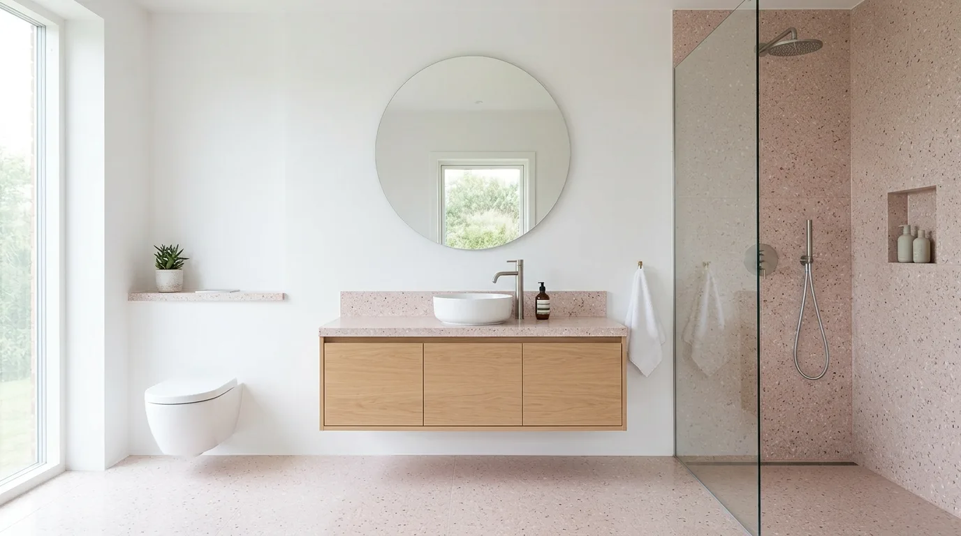 use decor that reinforces the look in a bathroom inspired by trendy pink terrazzo speckled.