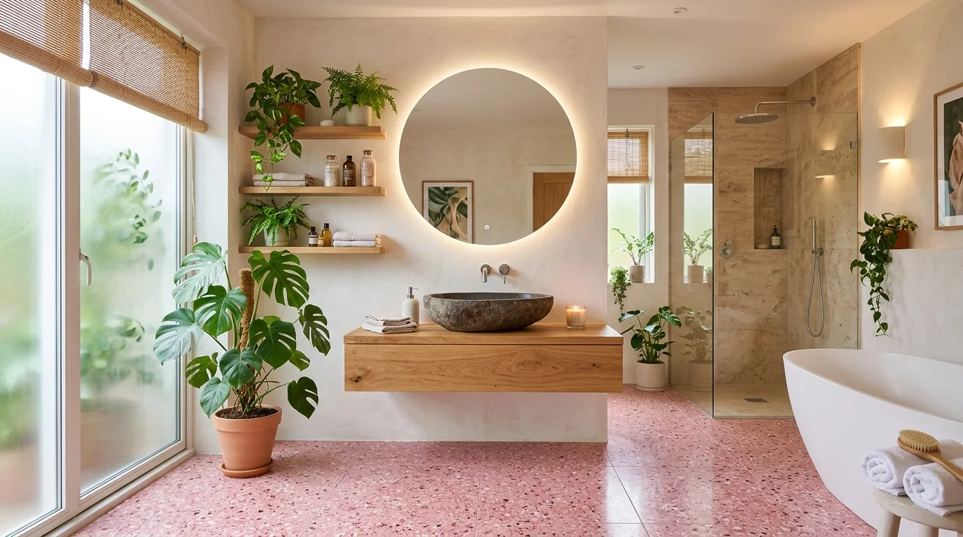 let the room feel personal and restful in a bathroom inspired by trendy pink terrazzo speckled.