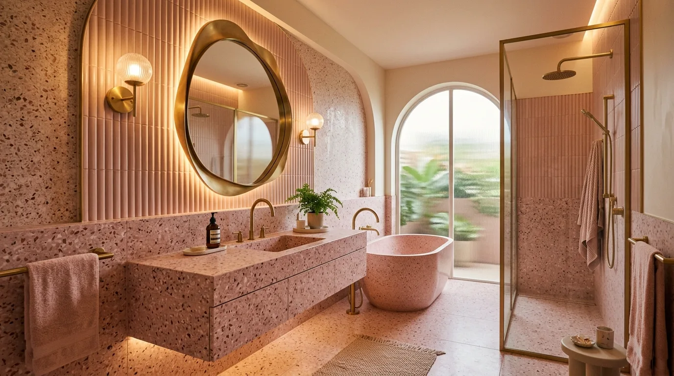create a bathroom that feels complete in a bathroom inspired by trendy pink terrazzo speckled.