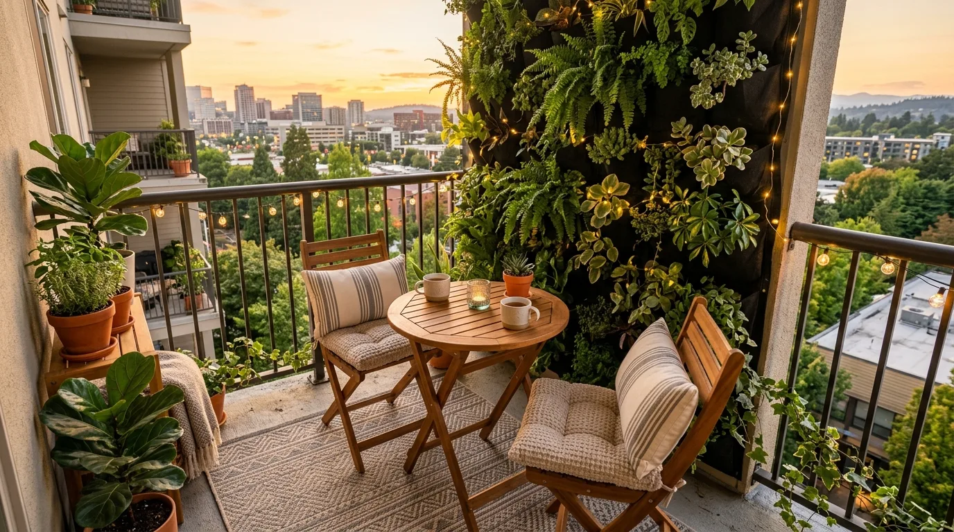 Small balcony transformed into a stylish outdoor nook with layered decor.