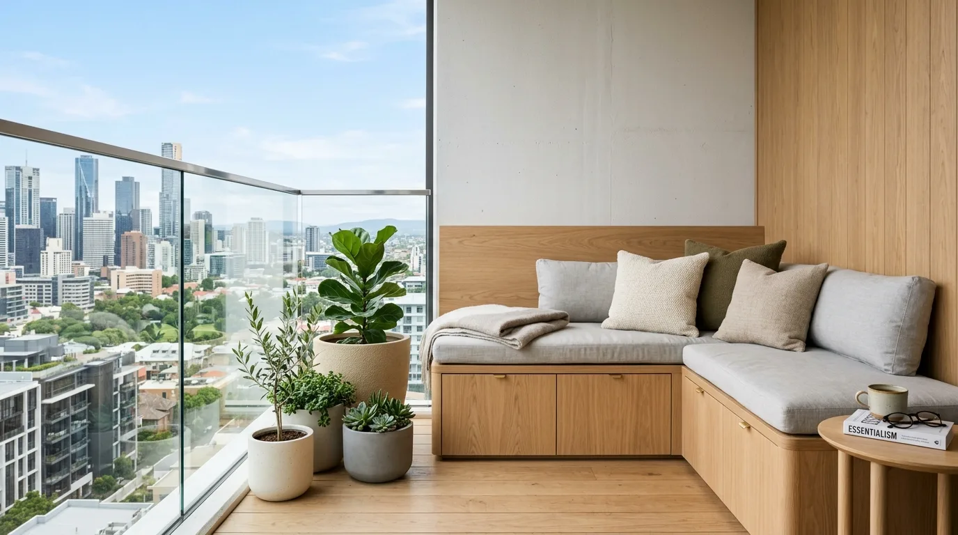 Small balcony surface for coffee and daily outdoor use.