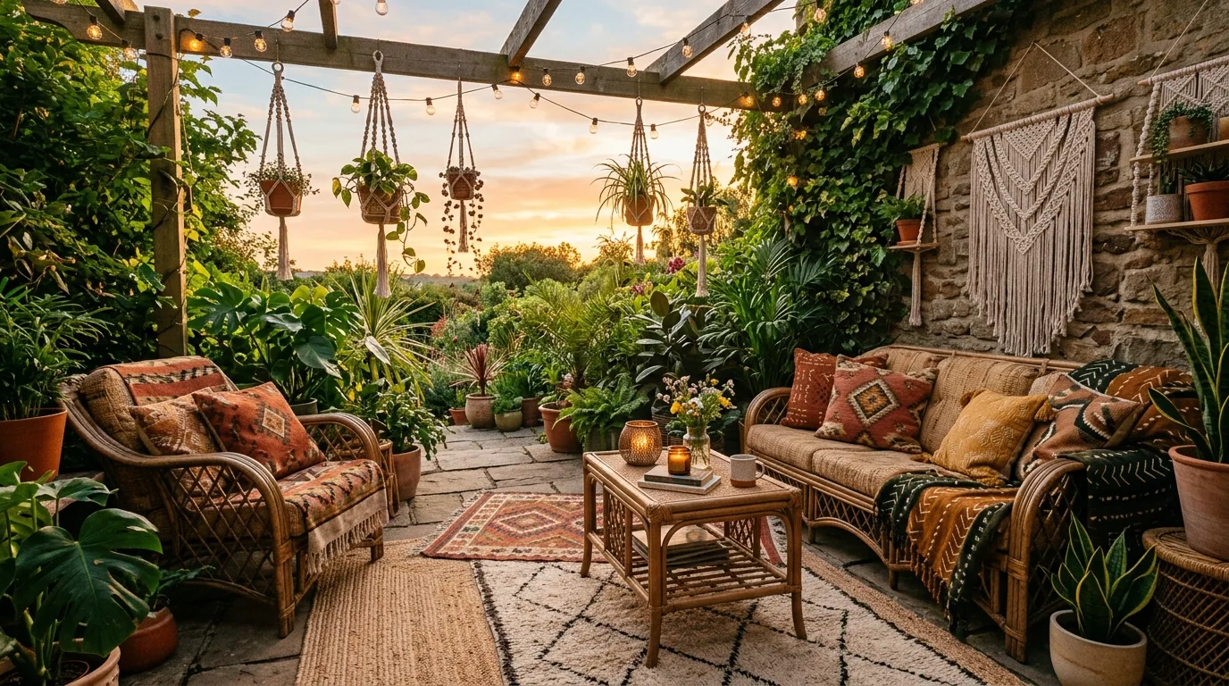 Greenery softening the edges of a stylish small balcony nook.