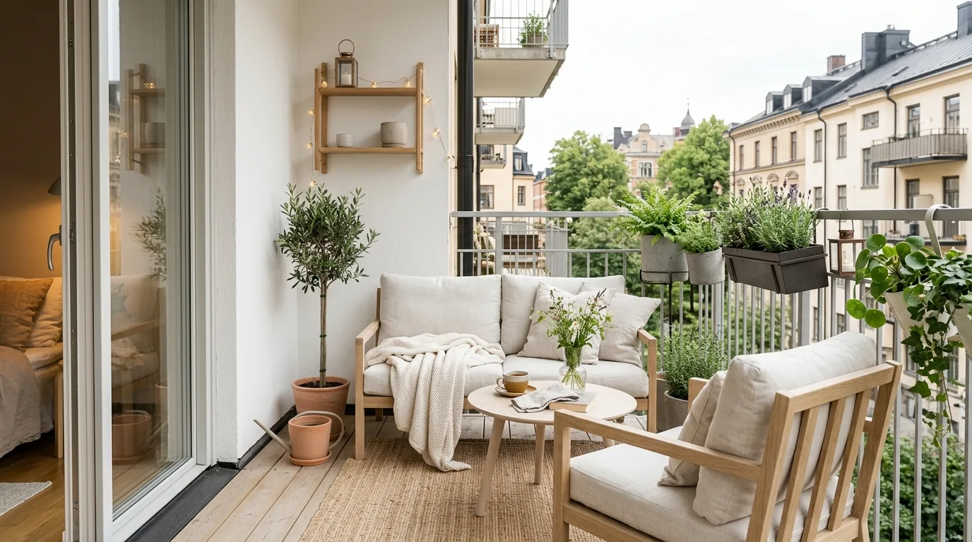 Cohesive color palette on a transformed small balcony nook.