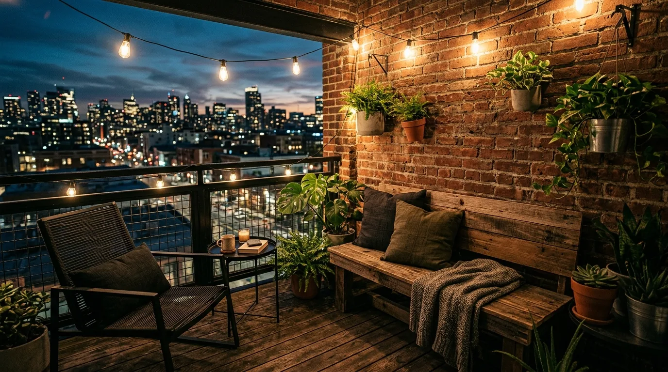 Soft cushions and textiles layered into a small balcony nook.