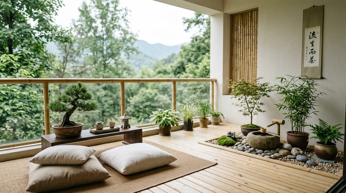 Balcony lighting extending a small outdoor nook into the evening.