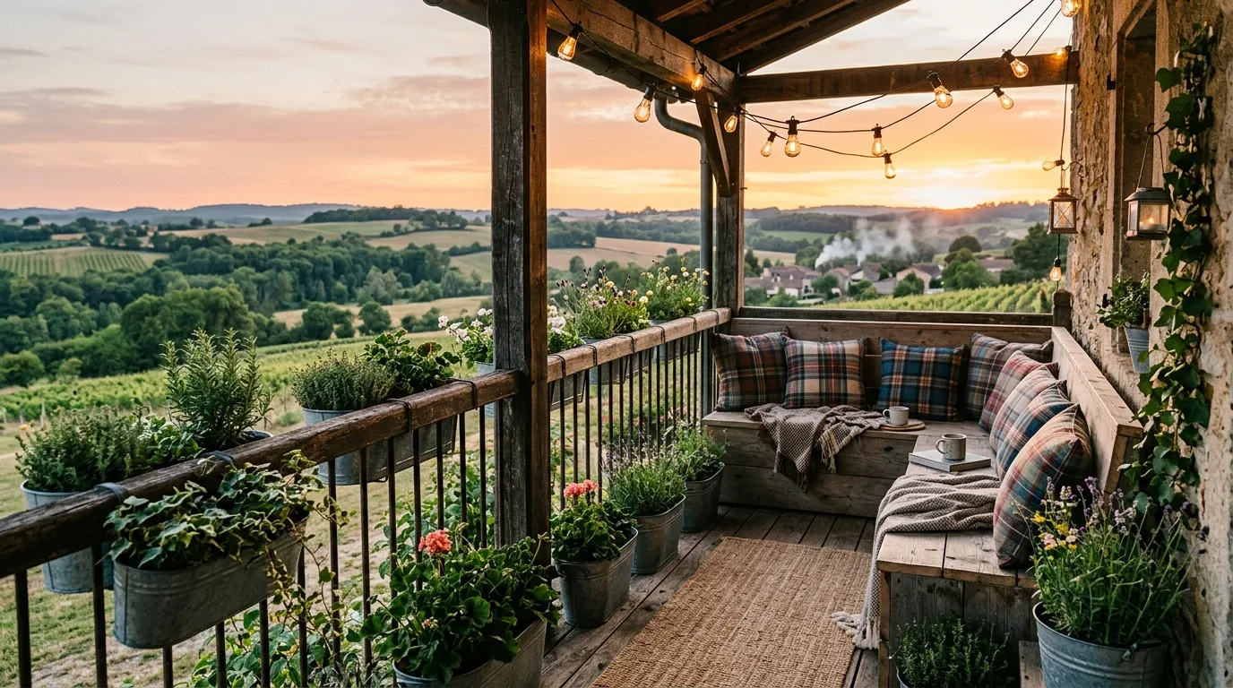 Dual-purpose storage helping a small balcony stay tidy and stylish.