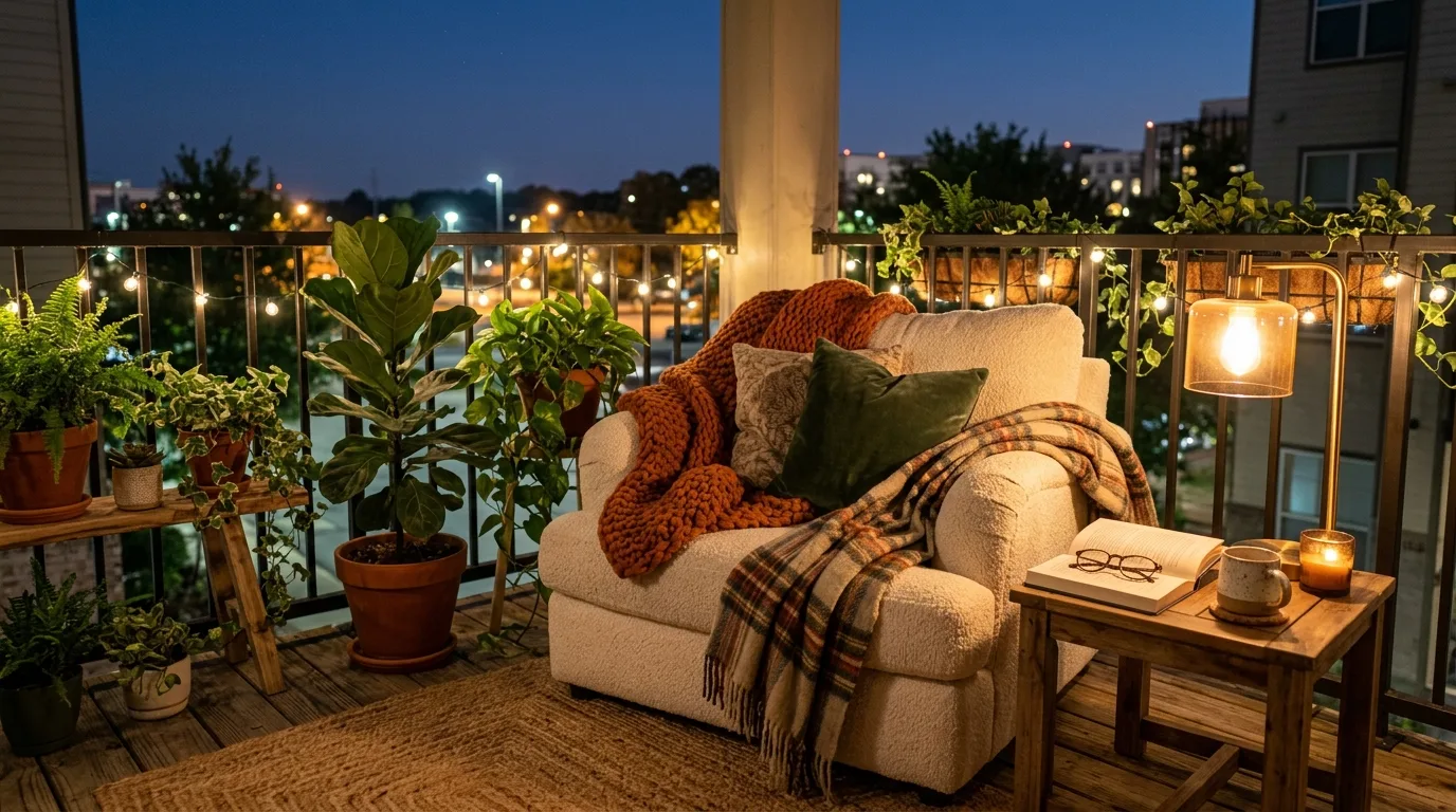 Balanced small balcony layout with breathing room and open space.