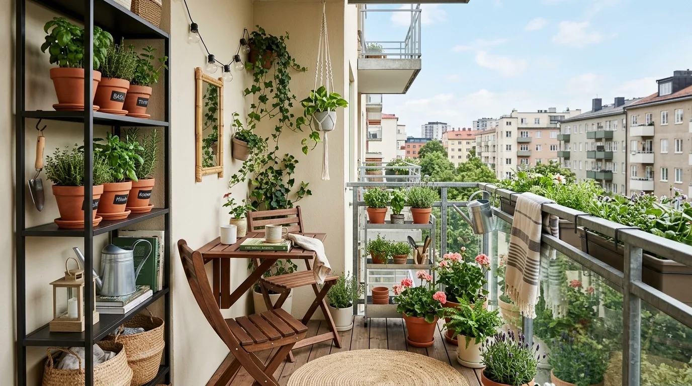 Small balcony fully transformed into a warm stylish outdoor nook.