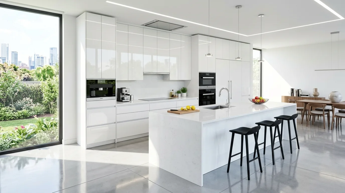 Ultra-Modern High Gloss Kitchen Cabinets Ideas for a Reflective Shine in a thoughtfully styled kitchen.